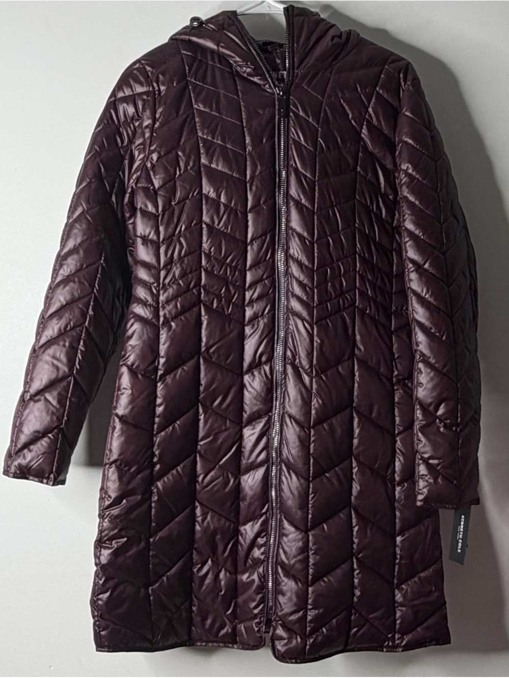 Kenneth Cole Quilted Hooded Long Puffer Coat - Deep Plum